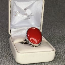 Wonderful Large Cocktail Ring - 925 / Sterling Silver And Polished Red Coral Cocktail Ring - Very Nice !