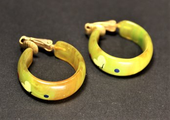 Pair Green Marbleized Bakelite Hoop Earrings Hand Painted