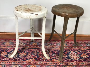 Two Genuine  Antique Authentic Milking / Dairy Stools - One Painted - One Not - Very Cool Pair - Wrought Iron