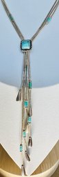 BEAUTIFUL SIGNED QT STERLING SILVER AND TURQUOISE 5 STRAND DANGLE NECKLACE