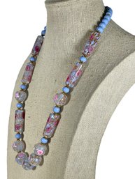 Fabulous Pink Blue Wedding Cake Venetian Art Glass Beaded Necklace