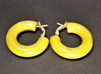 Vintage Green Marbleized Bakelite Plastic Pierced Hoop Earrings