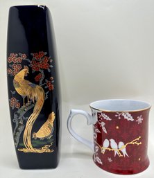 Japanese Vase With Gold Peacock & Never Used Starbucks Asian Style Mug