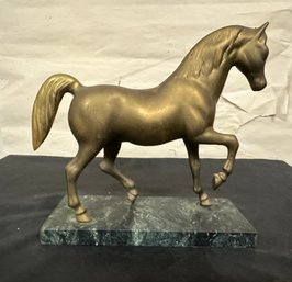 Vintage Solid Brass Horse Figurine With A Multicolor Marble Base  10.5 Inch X 9 Inch  LP/c2