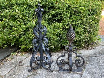Garden Decor- A Wrought Iron Victorian Finial And A Basket And Scroll Post Finial