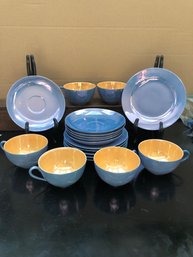 Set Of Six Vintage Meito China Cups, Saucers & Dessert Plates Hand Painted Lusterware, Made In Japan