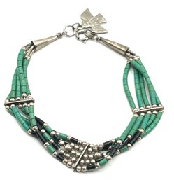 Vintage Native American Sterling Silver Green Beaded With Thunderbird Pendant Bracelet