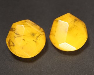 Vintage Marbleized Yellow Bakelite Faceted Earrings Ear Clips