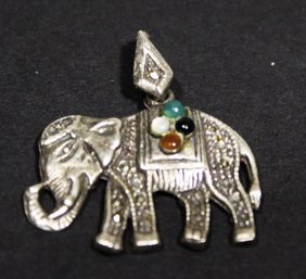 Fine Sterling Silver Elephant Pendant Having Semiprecious Stones