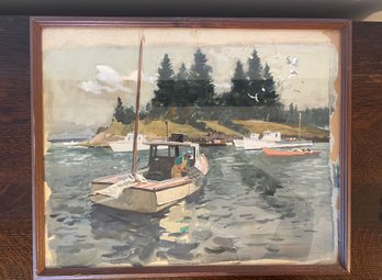 Vintage Framed Watercolor Of A Lobster Boat