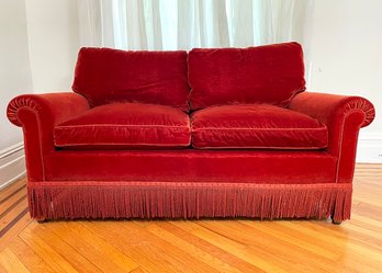 A Vintage Rolled Arm Sofa In Crushed Velvet With Fringe And Tassels