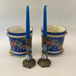 A Pair Of Cache-Pots With Sevres Style Porcelain Ormolu Candle Sticks