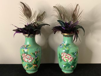 Green Asian Floral Vases With Feathers Lot Of 2