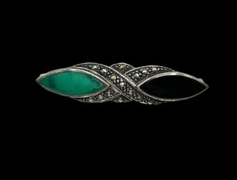 Vintage Sterling Silver Green And Onyx Color Brooch/pin