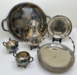 Etched Sterling Silver Plate, FB Rogers Silver Plate Tea Set & Silver Plate Pedestal Dessert Platter