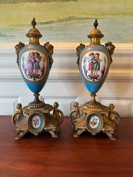 Antique Sevres Style Porcelain & Bronze Mounted Urns From The Upper Louviers Estate
