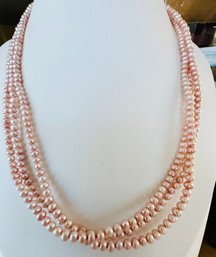 VINTAGE TRIPLE STRAND PINK PEARL NECKLACE STERLING SILVER CLASP