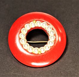 Vintage Red Bakelite Silver Tone Metal Round Brooch