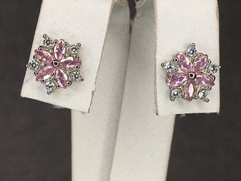 Wonderful Sterling Silver / 925 Earrings With Pink Tourmaline And Sparking White Zircons - Very Pretty !