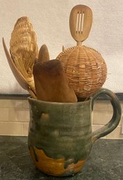 Pottery Pitcher With Wood And Woven Utensils