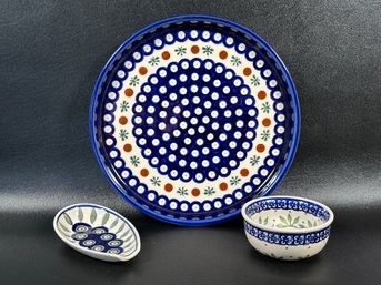 Collectible Polish Pottery: Dish, Spoon Rest & Pinch Bowl