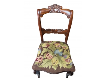 Antique Victorian Carved Rosette Serpentine Chair With Needlepoint Seat