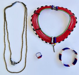 Hand Made Beaded African Jewelry: Necklace, Choker, Bracelet & Ring, Purchased In Kenya