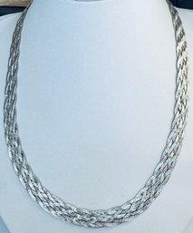 VINTAGE STERLING SILVER BRAIDED HERRINGBONE BRIGHT CUT NECKLACE - ITALY