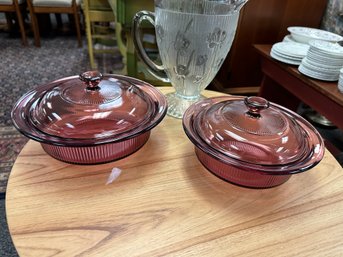 Beautiful 2 Pc. Vision Purple Casseroles And Nice Vintage Frosted Glass Pitcher