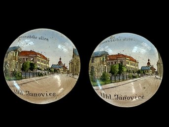 Pair Of Vintage Paperweights With Painted Scenes Of The C. Republic