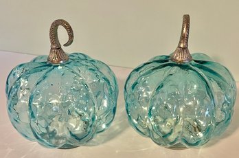 Lot Of 2 Blue Glass Pumpkins With Lights Inside-  8-3/4' Tall