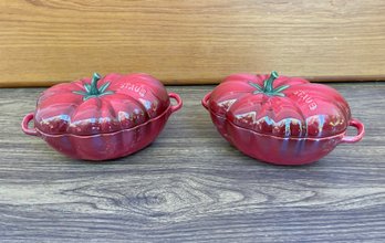 Pair Of Staub Ceramic Tomato Cocottes