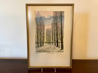 Framed Hand Colored Lithograph Of Winter Trees, Pencil Signed