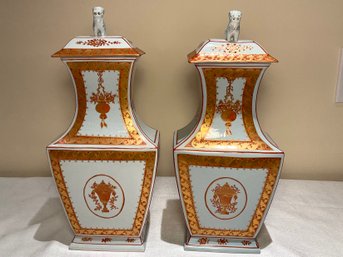 Pair Of Vintage Italian Lidded Vessels With Foo Dog Finials