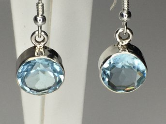 Very Pretty Brand New Sterling Silver / 925 Earrings With Faceted Light Blue Topaz - New Never Worn - Nice !