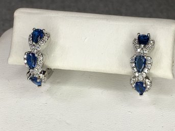 Gorgeous Brand New 925 / Sterling Silver And Sapphire Earrings - Very Pretty - NEW - Never Worn - VERY NICE !