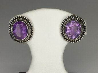 Fantastic Vintage 925 / Sterling Silver Earrings With Rope Detail And Beautiful Amethyst - Very Nice !