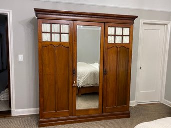 Antique British Three Door Mirrored Wardrobe Cabinet