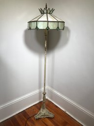 Fabulous Antique Slag Glass Floor Lamp - Nice Mint Green Paint - Ornate Design On Lamp Base - Maker Unknown