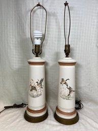 Pair Of Porcelain Table Lamps Flying Geese Motif 29in