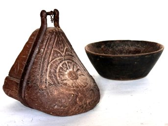 An 18th Century Carved Wood Stirrup With Iron Band And Bowl