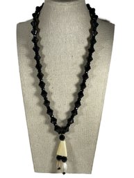 Black Jet Glass Beaded Necklace W Horn Carved Pendant