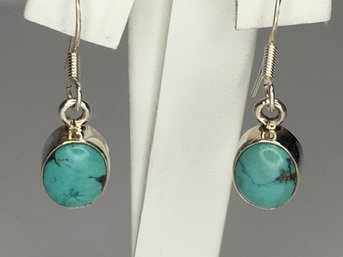 Very Pretty 925 / Sterling Silver Earrings With Round Turquoise - Very Nice - Shepard Hook Mounts - New !
