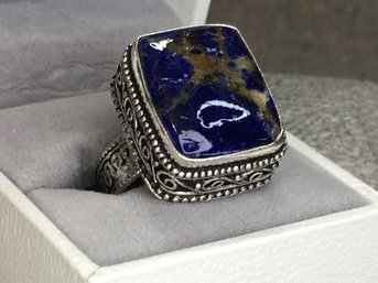 Lovely LARGE Cocktail Ring - Sterling Silver / 925 Ring With Lapis Lazuli - With Lovely Filigree Work