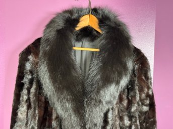 A Vintage Fur Coat In Black With Shawl Collar & Satin Lining