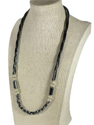 Vintage Hematite And Pearl Beaded Fancy Necklace