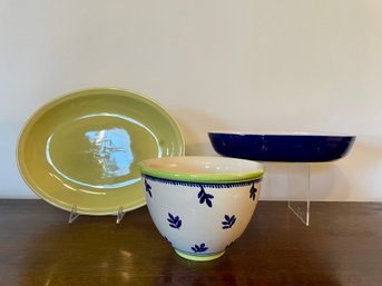 Trio Of Cobalt Blue & Lime Green Pottery Serveware Including Paden City Pottery