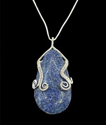 Sterling Silver Italian Chain With Large Lapis Stone Pendant Necklace