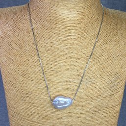 Fabulous 17' 925 / Sterling Silver Box Chain Necklace With Natural Floating Flat Pearl Pendant - GENUINE PEARL