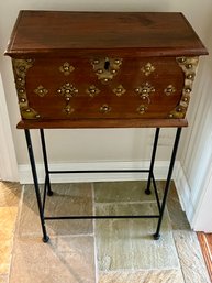 Primitive Wood And Brass Accented Chest On Black Metal Legs